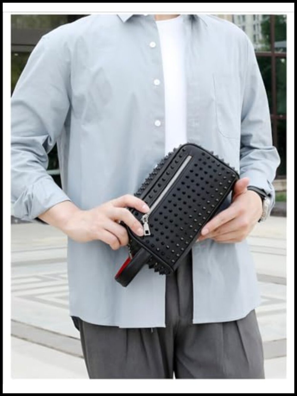 Studded Faux Leather Clutch Bag with Metal Spikes Crossbody Zipper - Picture 2 of 5